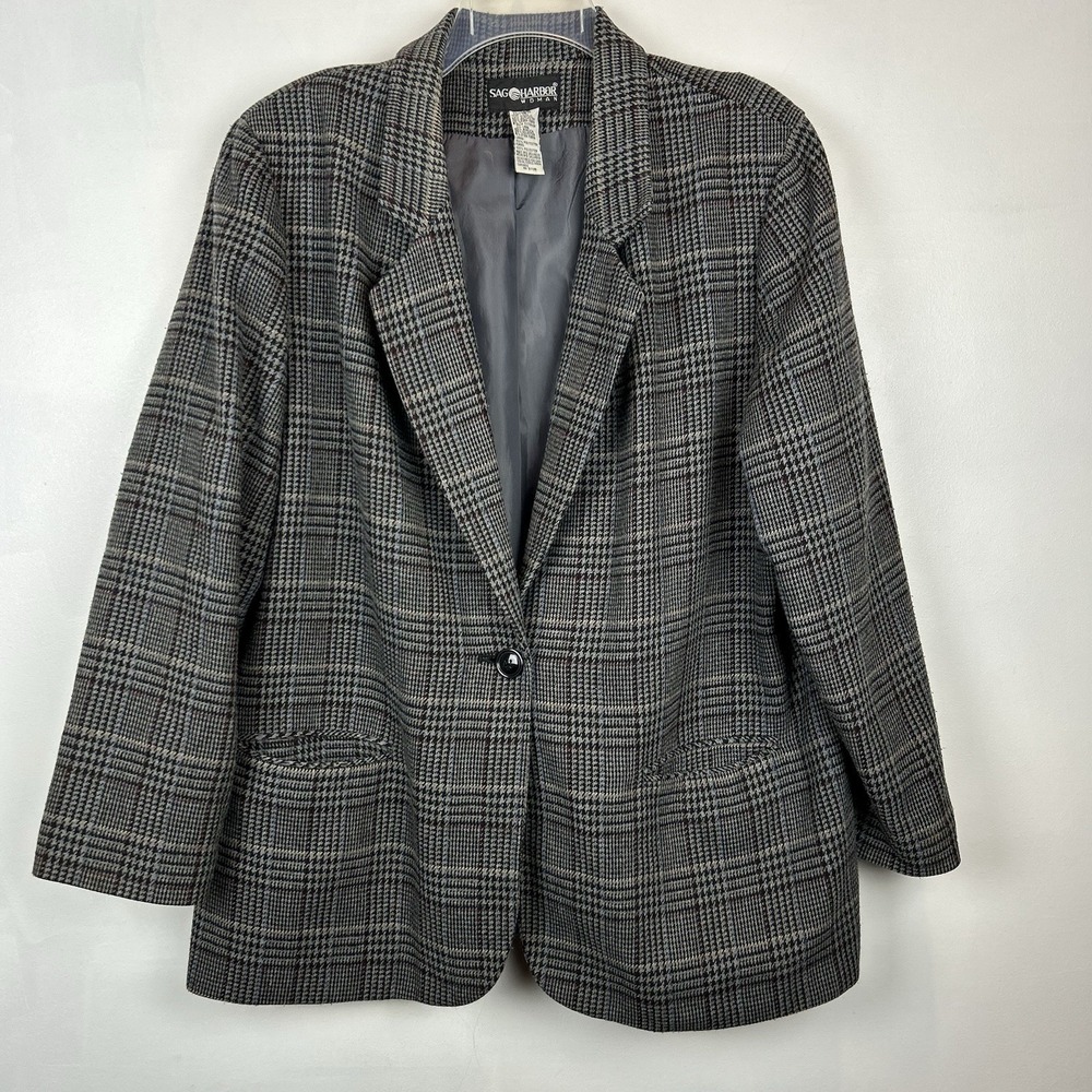 Vintage Plaid Blazer Womens 18 Wool Tweed Gray 1 Button Pockets Tartan Old Money